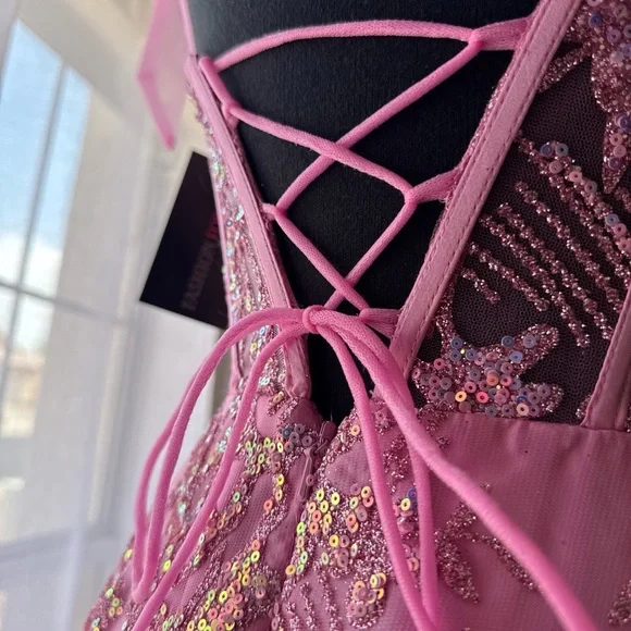 Pink Beaded Corset Dress with Bow Straps - Picture 7 of 7